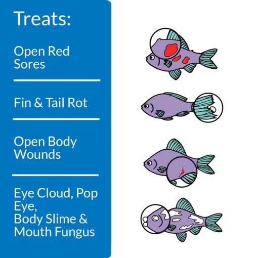 API Melafix uses for red sore, Fin & tail rot Open body wounds, eyecloud, pop eye, Body Slime & Mouth Fungus